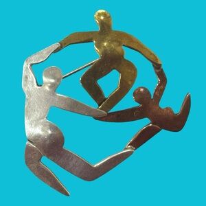 FAR FETCHED MARKED MIXED METALS COPPER, BRASS, STERLING Circle Dance‎ Brooch Pin
